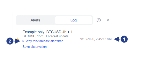 The alert log listing recorded triggers with their times and explanations.