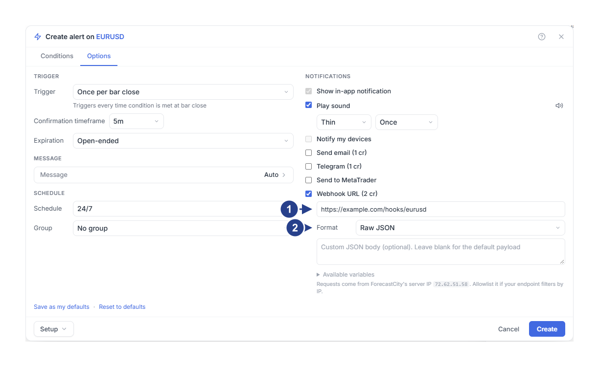 The webhook destination expanded with a URL, the format chooser on Raw JSON and an empty body box.