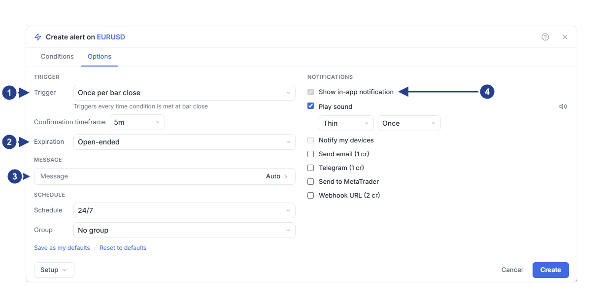 The Options tab of the alert editor with trigger, expiration, message and the notification list.