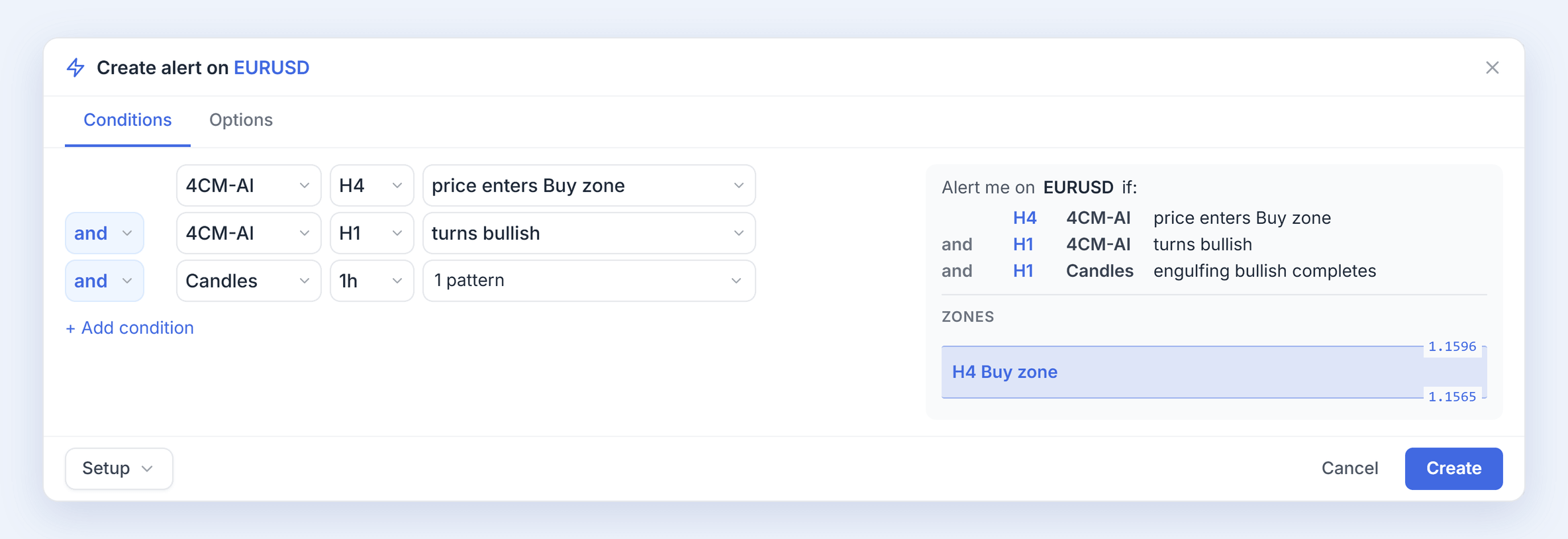محرر التنبيهات وفيه ثلاثة صفوف: دخول السعر إلى منطقة Buy zone في توقع 4CastMachine AI على H4، وتحول توقع H1 إلى صعودي، وشمعة ابتلاع شرائي على 1h. وبجانبها إعادة صياغة القاعدة ورسم منطقة Buy zone.
