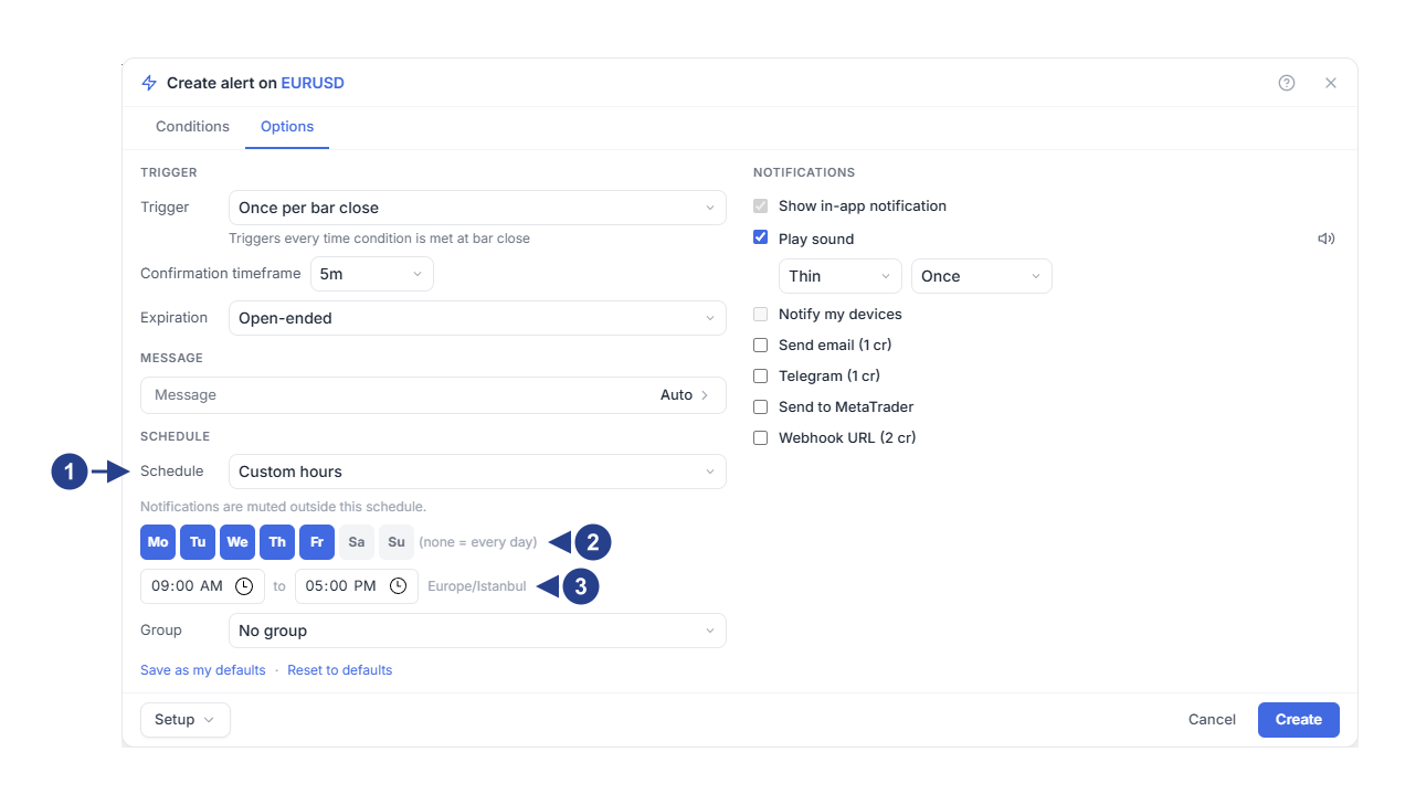 The notification schedule set to custom hours on weekdays.