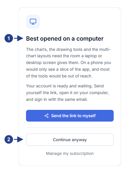 The phone page titled Best opened on a computer: marker 1 on the title, marker 2 on the Continue anyway button.