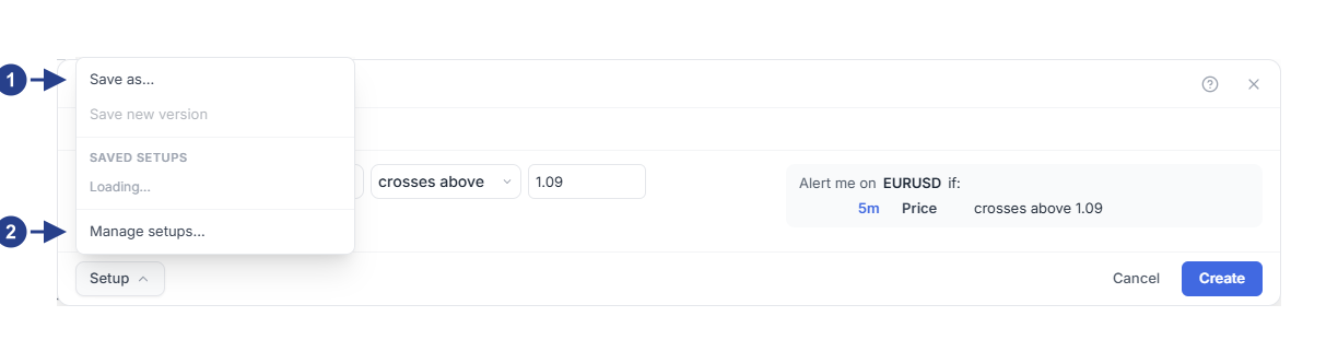 The Setup menu open in the alert editor footer.